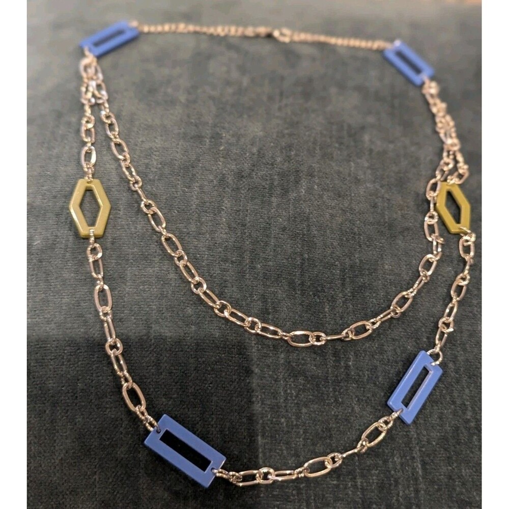 Double Strand Gold Tone Necklace Resin Geometric Links Blue Yellow Layered